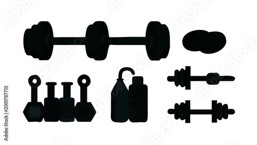 Fitness Gym Workout Exercise Equipment Icon Set Flat Vector Illustration Isolated black Collection
