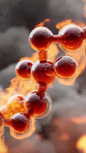 Molecule in Flames: A fiery representation of a molecule against a backdrop of swirling smoke and intense flames, symbolizing the volatile nature of chemical bonds and energy.