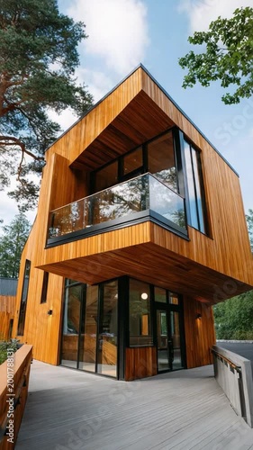 Modern Wooden House: A stunning modern residence boasts a striking geometric design, clad in warm wooden panels, featuring expansive glass windows and a sleek, contemporary aesthetic.