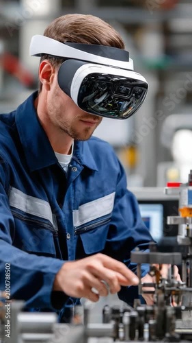 Future Tech in the Workshop: A skilled technician in a blue jumpsuit is engrossed, donning a virtual reality headset while interacting with cutting-edge machinery in a modern workshop.