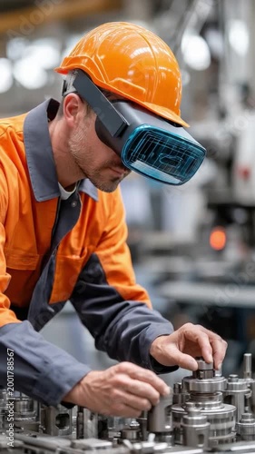 Factory Worker's Augmented Reality: A skilled factory worker uses advanced augmented reality technology to inspect machinery, representing the future of industry and technological innovation.