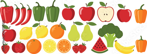 Fruits and Vegetables Icon Set with Apples Citrus Peppers Broccoli Banana and Watermelon Vector Collection for Healthy Food Nutrition and Grocery Design