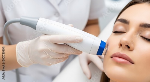 Cosmetologist performing professional non-invasive facial skin lifting