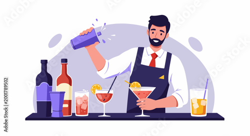 Smiling male bartender in uniform shaking a cocktail shaker behind the bar counter with various drinks and bottles, flat vector illustration.
