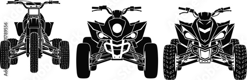 ATV Quad Bike Front View Silhouette Set with Off Road Vehicle Designs Black Vector Collection for Motorsport Adventure and Outdoor Transportation Graphics