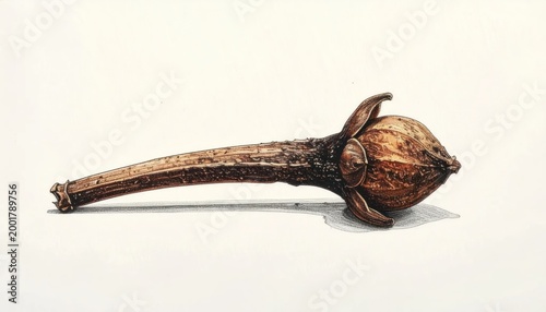 Detailed botanical illustration of a single dried clove spice with stem and calyx
