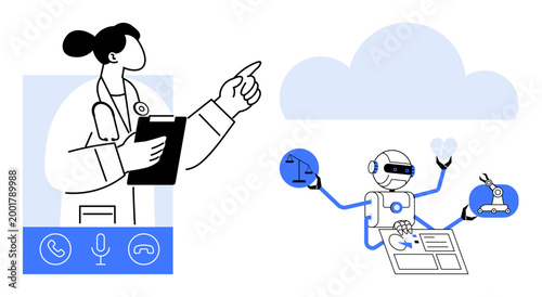 Telemedicine, artificial intelligence, remote health diagnostics, robotics in healthcare, cloud technology, virtual assistance. A doctor pointing from video interface to cloud and robot multitasking