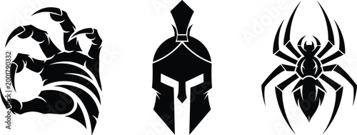 Warrior Symbol Icon Set with Spartan Helmet Claw and Spider Silhouettes Black Vector Collection for Gaming Tattoo Emblems and Dark Fantasy Design