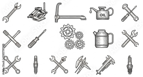Collection of vintage mechanical tools and parts illustration.