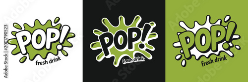 Three colorful pop fresh drink logos featuring creative splash and bubble designs