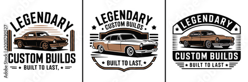 Collection of vintage custom car build illustrations with legendary and built to last text