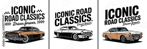 Three iconic classic cars presented with bold typography and a slogan