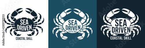 Three variations of a professional logo featuring a stylized crab graphic element