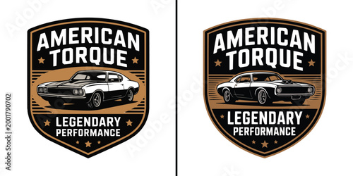 Retro american muscle car emblem design for automotive performance brand identity labels