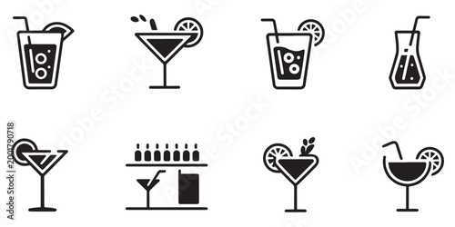 Modern Cocktail Bar Icon Pack – Minimalist Monochrome Drink Collection