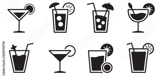 Modern Cocktail Bar Icon Pack – Minimal Black and White Vector Set
