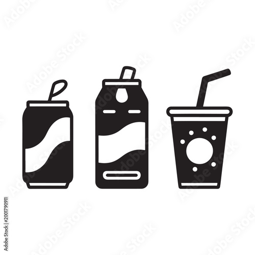 Black and White Soft Beverage Vector Icon Set – Minimalist Monochrome Collection