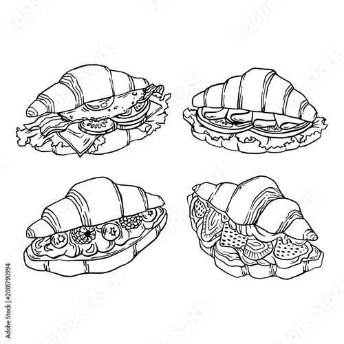 Croissant sandwich set line art sweet and savory croissants with fillings outline isolated on white
