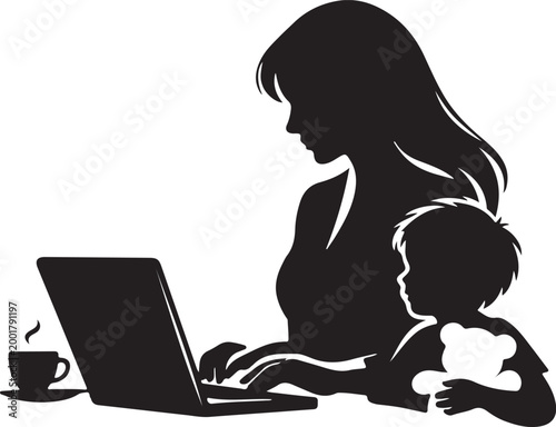 Working mom using laptop with child, concept silhouette