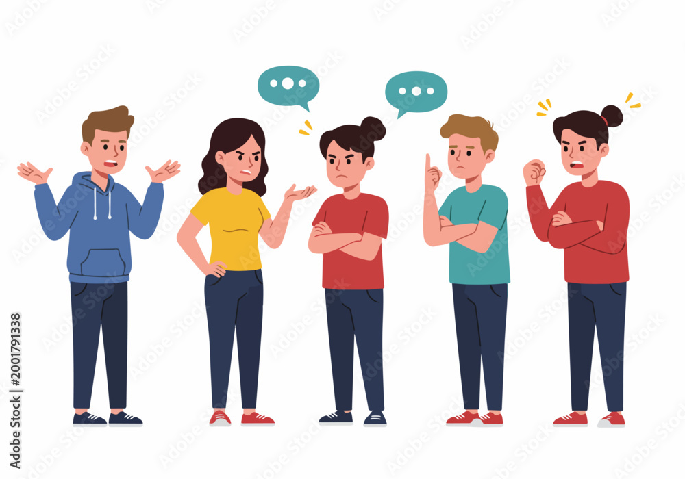 Obraz premium Vector illustration of diverse young adults expressing anger, disagreement, and frustration through various gestures and facial expressions during a heated argument.