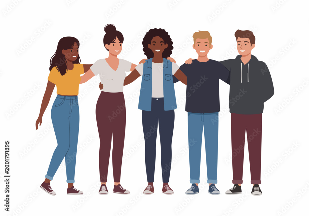 Obraz premium A diverse group of happy young friends standing together with arms around shoulders, symbolizing unity, diversity, and friendship in a flat illustration style.