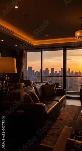 Cozy Living Room with Cityscape Sunset View.