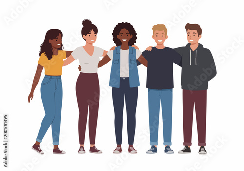A diverse group of happy young friends standing together with arms around shoulders, symbolizing unity, diversity, and friendship in a flat illustration style.