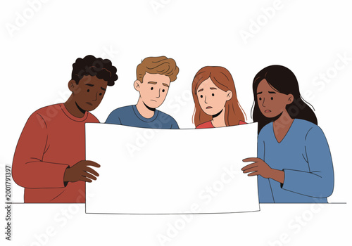 Diverse group of young people looking at a blank white paper with worried and confused facial expressions, flat vector illustration on white background.