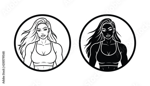 Strong muscular woman fitness icon vector illustration in circle emblem