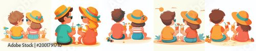 vector of a two children sitting together drinking iced orange juice on the beach during summer back view