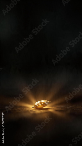 Single Glowing Golden Wheat Seed Emitting Light Rays on Dark Background