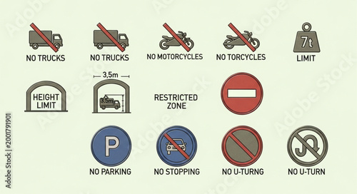 Collection of various traffic and road signs for vehicles.