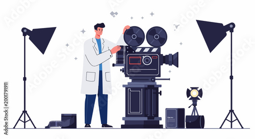 Professional filmmaker in white lab coat operating vintage movie camera in a film studio with lighting equipment, flat vector illustration.