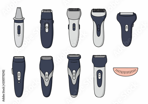 Set of different electric shavers and hair trimmers for men grooming, flat vector illustration icons isolated on white background