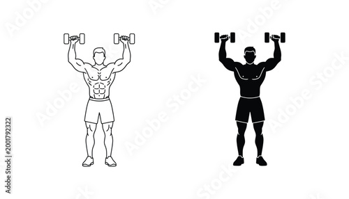 Muscular man lifting dumbbells in outline and solid fill for fitness and bodybuilding concepts