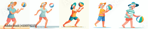 vector grandma standing playing beach ball on summer
