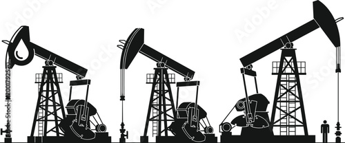Fotografía Oil Pump Jack Silhouette Set with Industrial Petroleum Extraction Equipment Blac