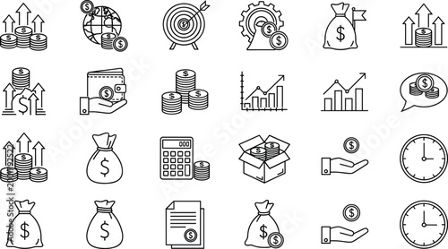 Finance and Money Icon Set with Growth Charts Cash Bags Coins Calculator and Investment Symbols Outline Vector Collection for Business Accounting and Banking Design
