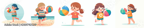 vector little girl standing playing beach ball on summer