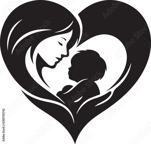 Mother figure merging into heart shape, abstract silhouette