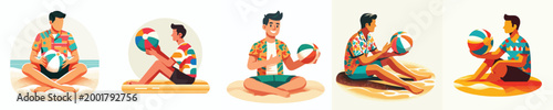 vector man sitting on sand beach playing beach ball on summer
