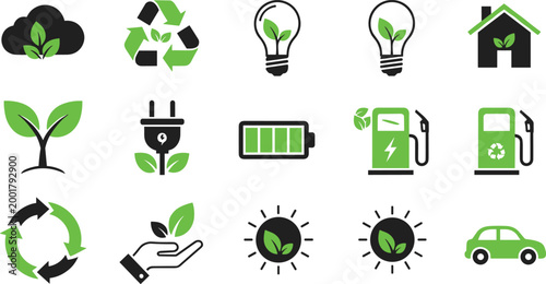Eco Energy Icon Set with Renewable Power Electric Car Recycling and Green Technology Symbols Vector Collection for Sustainability Environment and Clean Design