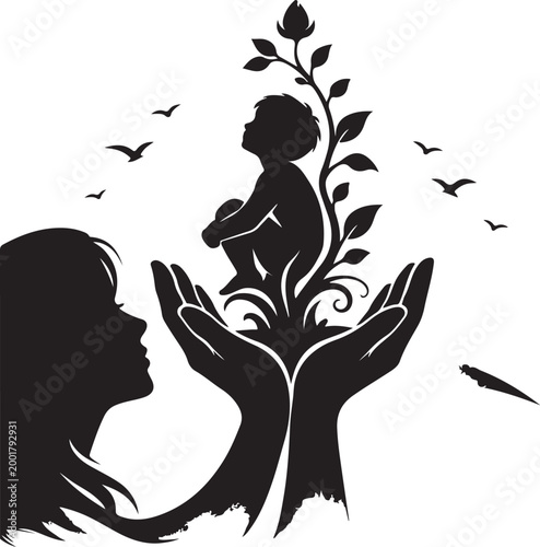 Child growing from mother’s hands like plant, symbolic silhouette