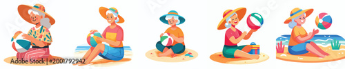 vector grandma sitting on sand beach playing beach ball on summer