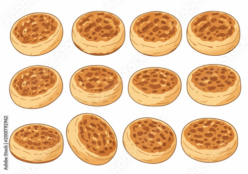 Tableau sur toile A set of twelve hand-drawn crumpet illustrations showing toasted textures and porous surfaces, isolated on a white background for food design