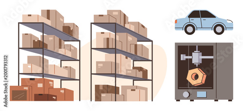 Warehousing, supply chain, 3D printing technology, manufacturing automation, logistics, storage systems. Multiple shelves holding boxes, a 3D printer and a car. Warehousing and supply chain
