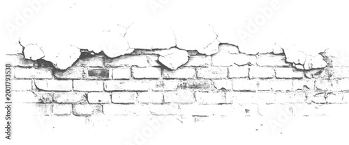Cracked white plaster peeling off a weathered brick wall with visible mortar and texture
