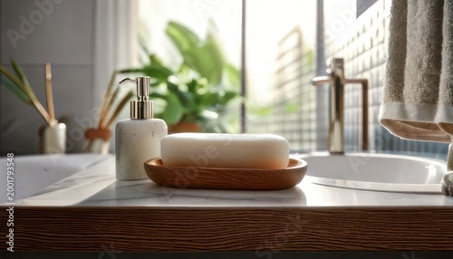 Bathroom essentials - soap, dispenser, and toothbrush holder by the sink.