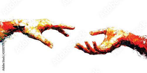Two abstract painted hands reaching towards each other with vibrant orange red and yellow colors touch
