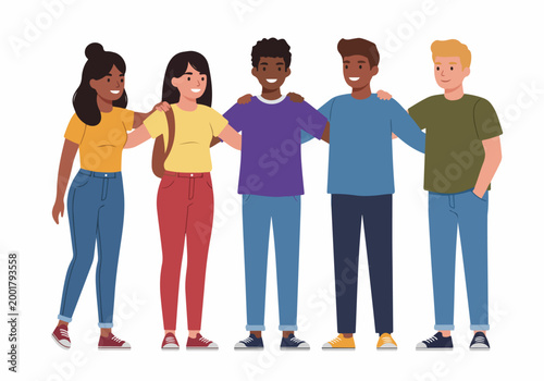 Diverse Group of Smiling Teenage Friends Standing Together in Unity and Friendship Illustration